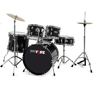 Bateria Acústica Pro Fire Bumbo 22" Preta Ferragens Cromadas Completa + Banqueta