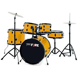 Bateria Acústica Pro Fire Bumbo 22" Amarela Ferragens Pretas Completa + Banqueta