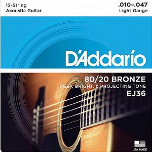 Corda Violão Daddario 12 Cordas Aço EJ36 010 80/20 Bronze