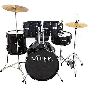 Bateria Acústica Completa X-PRO Viper 220 Preta 20" Acompanha Banco e Pratos