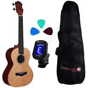 Kit Ukulele Tenor Acústico 47K Tagima Tampo Sólido Natural Fosco Série Hawaii + Capa + Afinador + Palhetas