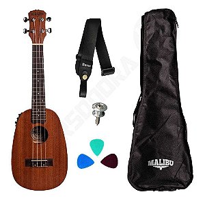 Ukulele Malibu Abacaxi Elétrico Concert 23-SPE Sapele + Capa + Correia + Palhetas + Roldana