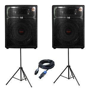 Kit Caixa de Som Leacs Ativa + Passiva FIT 550 400W RMS + Cabo SPEAKON + Tripés