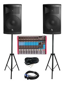 Kit Caixa de Som Ativa + Passiva MK-15 700W RMS Makpro + Mesa Som MS-122 EUX + Tripés + Cabos