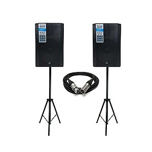 Kit Caixa de Som Ativa 15" RC-1000 Maxx Waldman 2000W + 2 Tripés + 1 Cabo XLR 10 Metros