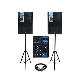 Kit Caixa de Som Ativa 15" RC-1000 Waldman 2000W + Mesa de Som Yamaha MG06 + 2 Tripés + 2 Cabos XLR 10M