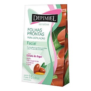 FOLHAS PRONTAS PRA DEPILAÇÃO FACIAL 16 FOLHAS EXTRATO DE ARGAN 1255 DEPIMIEL