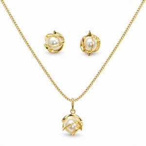 Conjunto de Brincos e Gargantilha Banhado a Ouro - 48165