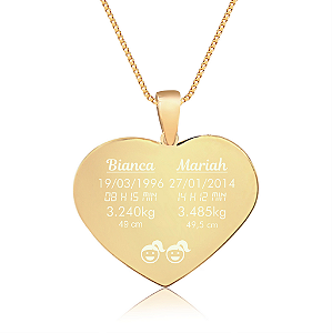 Gargantilha Coração Grande Personalizado 2 Filhos(as) - Banhado a Ouro 18k