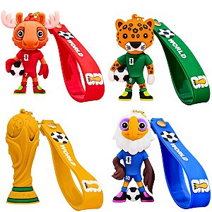 Kit Chaveiros Mascotes e Taça 6cm Futebol Copa do Mundo 2026