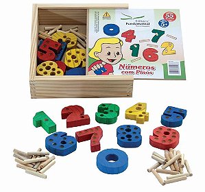 Números c/Pinos - c/10 Num. em mad. med. 5cm + 45 pinos