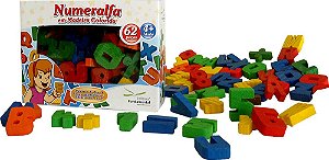 Numeralfa em Madeira colorida c/62 pçs. Cx. Cartonada