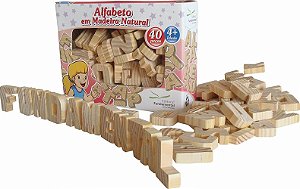 Alfabeto Madeira Natural c/40 pçs. Cx. Cartonada