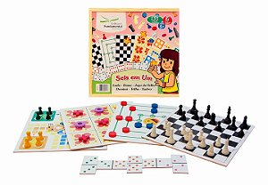 6 em 1 - Dama, Trilha, Ludo, Jogo da velha, Dominó e Xadrez