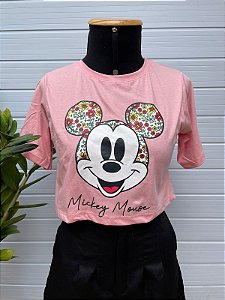 CROPPED FEMININO ALGODÃO TAMANHO ÚNICO SILK MICKEY MOUSE FLORES