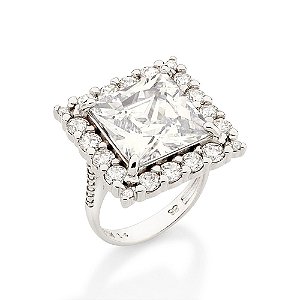 Maxi Anel Rommanel Quadrado Cravejado Por 1 Zircônia Carrê De 12 Mm Ao Centro, 16 Zircônias De 3,0 Mm Ao Redor , 4 Zircô