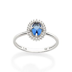 Anel Rommanel Solitário Oval Cravejado Por 24 Zircônias De 0,80 Mm E 1 Zircônia Oval De 4X6 Mm Ao Centro