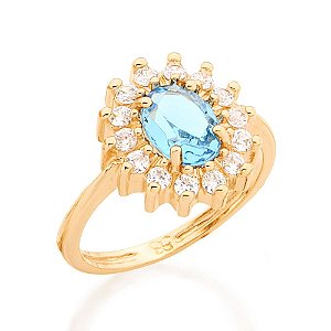 Anel Rommanel No Formato De Flor, Com Cristal Oval De 6X8Mm Ao Centro E 14  Zircônias Em Volta