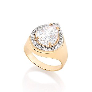 Anel Rommanel Formado Por Aro Liso, Com  1 Zircônia Gota De 10 X14 Mm Ao Centro, 29 Zircônias De 1,00 Mm Ao Redor, Com A