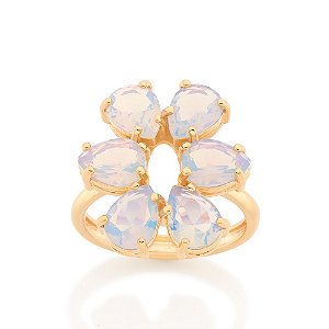 Anel Rommanel Com Flor Estilizada, Composta Por 6 Cristais Gotas Opalina De 6X8 Mm(Joia Licenciada Coleção Ana Hickmann