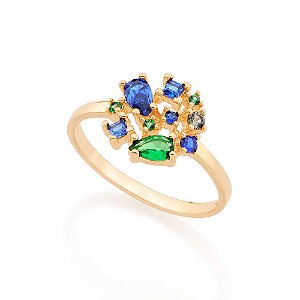 Anel Rommanel Composto Por 2 Zircônias Gotas De 3 X5Mm, 2 Zircônias Carrês De 2 X2Mm, 2 Zircônias Redondas De 2,0Mm, 2 Z
