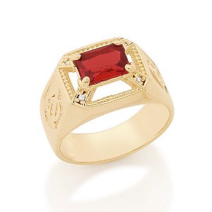 Anel Rommanel De Formatura Retangular Com Símbolo Grego "Alfa E Ômega" Nas Laterais,  1 Cristal Retangular De 6X8 Mm E 4