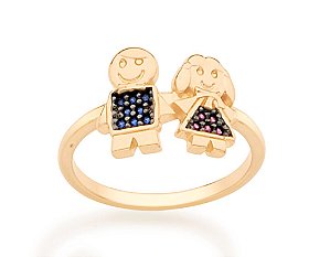 Anel Rommanel  Menino E Uma Menina, Cravejados Por 13 Zircônias De 1,0 Mm, Com Aplicação De Rhodium Negro