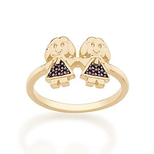 Anel Rommanel Duas Meninas, Cravejadas Por 10 Zircônias De 1,0 Mm, Com Aplicação De Rhodium Negro