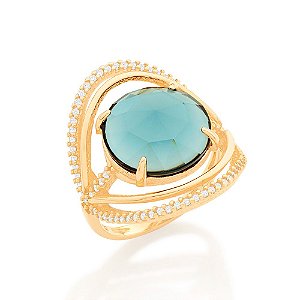 Maxi Anel Rommanel Com 1 Cristal Redondo De 14Mm Ao Centro Com 2 Aros Lisos E 2 Aros Cravejados Por 74 Zircônias De 1,0