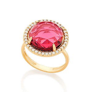 Maxi Anel Rommanel Redondo, Com 1 Cristal Cereja  De 14Mm Ao Centro, Composto Por Laterias Cravejadas Por 36 Zircônias D