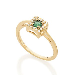 Anel Rommanel Com Parte Superior Quadrada, Cravejada Por 16 Zircônias De 1,0 Mm Com 1 Zircônia De 4,0 Mm Ao Centro(Joia