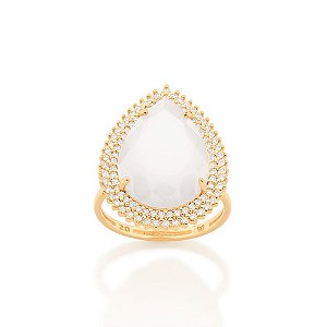 Maxi Anel Rommanel Formato Gota Cravejado Por 93 Zircônias De 1,0 Mm, Com 1 Cristal Gota De 13X18 Mm Ao Centro