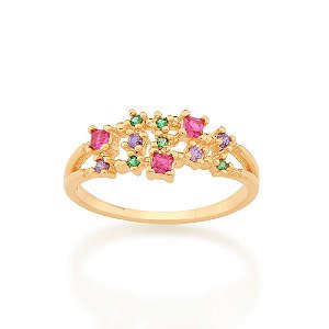 Anel Rommanel Composto Por 3 Zircônias Carrês De 2X2 Mm, 4 Zircônias De 1,50 Mm E 5 Zircônias De 1,25 Mm(Joia Licenciada