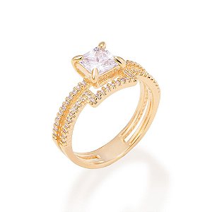 Anel Rommanel Solitário Duplo Cravejado Por 53 Zircônias De 1,0 Mm Com  Zircônia Quadrada De 6X6 Mm(Joia Licenciada Cole