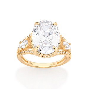Anel Rommanel Cravejado Por 80 Zircônias De 0,80 Mm, 2 Zircônias Gota De 5X3 Mm E 1 Zircônia Oval De 10X14 Mm Ao Centro(