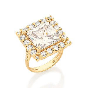Maxi Anel Rommanel Quadrado Cravejado Por 1 Zircônia Carrê De 12 Mm Ao Centro, 16 Zircônias De 3,0 Mm Ao Redor , 4 Zircô
