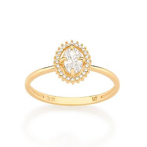 Anel Rommanel Solitário Oval Cravejado Por 24 Zircônias De 0,80 Mm E 1 Zircônia Oval De 4X6 Mm Ao Centro