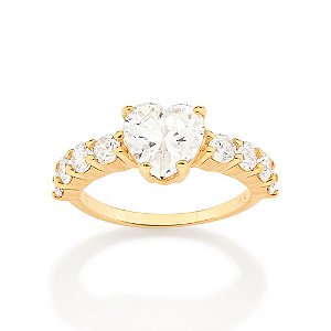 Anel Rommanel Solitário Cravejado Por 8 Zircônias De 3,0 Mm E 1 Zircônia Formato Coração De 8X8 Mm Ao Centro
