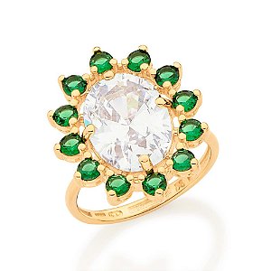 Anel Rommanel Oval Cravejado Por 12 Zircônias De 3,0 Mm E 1 Zircônia Oval De 10X14 Mm Ao Centro