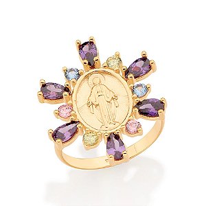 Anel Rommanel Composto Por 6 Zircônias De 2,5 Mm E 6 Zircônias Gota De 3X5 Mm, Com Imagem De Nossa Senhora Das Graças Ao