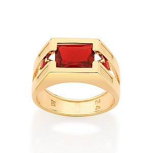 Anel Rommanel Cravejado Por 1 Cristal Baguete De 8X10 Mm E 2 Cristais De 3,0 Mm Nas Laterais
