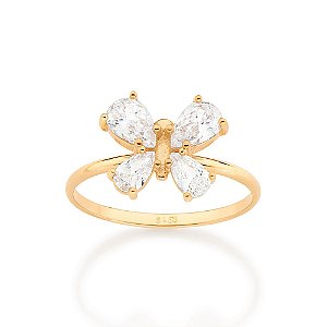 Anel Rommanel Composto Por Borboleta Cravejada Por 2 Zircônias Gotas De 4X6 Mm E 2 Zircônias Gotas De 3X5 Mm,