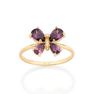 Anel Rommanel Composto Por Borboleta Cravejada Por 2 Zircônias Gotas De 4X6 Mm E 2 Zircônias Gotas De 3X5 Mm,