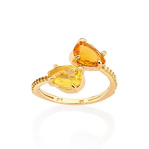 Anel Ajustável Cravejado Por 18 Zircônias De 1,0 Mm E 2 Cristais Gotas De 6X8 Mm Nas Pontas, (Joia Licen, Coleção Ana Hi