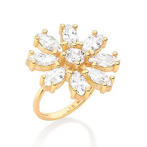Maxi Anel Flor Cravejado Por 8 Zircônias Navetes De 4X8Mm E 1 Zircônia De 5,0 Mm,