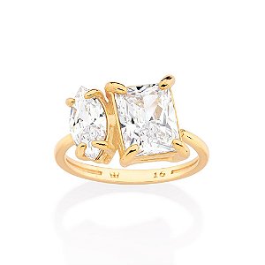 Anel Cravejado Por 1 Zircônia Retangular De 7 X9 Mm E 1 Zircônia Navete De 5X10 Mm,