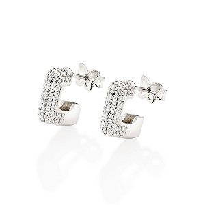 Brinco Meia Argola Quadrada Cravejada Por 158 Zircônias De 0,80 Mm (Par) Med 1,2 Cm X  0,30 Cm (Joia Licen  Coleção Ana
