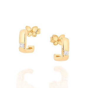 Brinco Rommanel Meia Argola Quadrada, Composta Por 2 Zircônias Carrês De 2X2 Mm (Par)Med 1,0 Cm X 1,0 Cm(Joia Licenciada