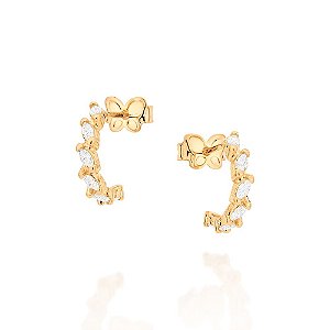 Brinco Meia Argola Cravejada Por 12 Zircônias Navetes De 1,5X3 Mm (Par),Med 1,3 Cm