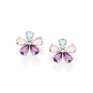 Brinco Rommanel Formato Flor, Cravejado Por 10 Cristais Gota De 6X4 Mm E 2 Zircônias De 1,75 Mm Ao Centro (Par) Med 1,9